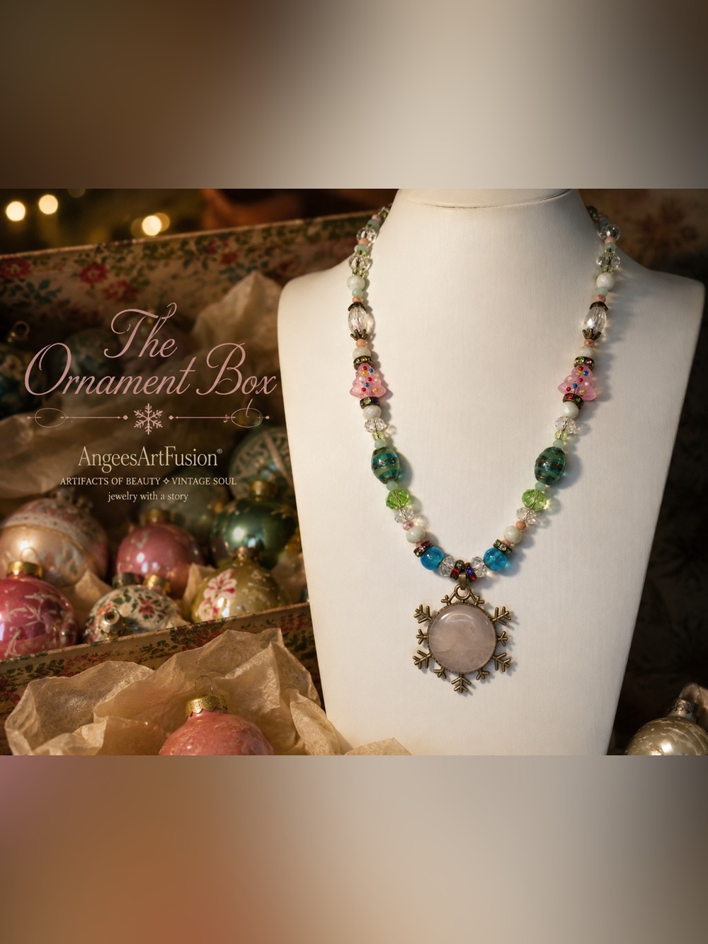 “The Ornament Box”-Rose Quartz Vintage Christmas OOAK Statement Necklace
